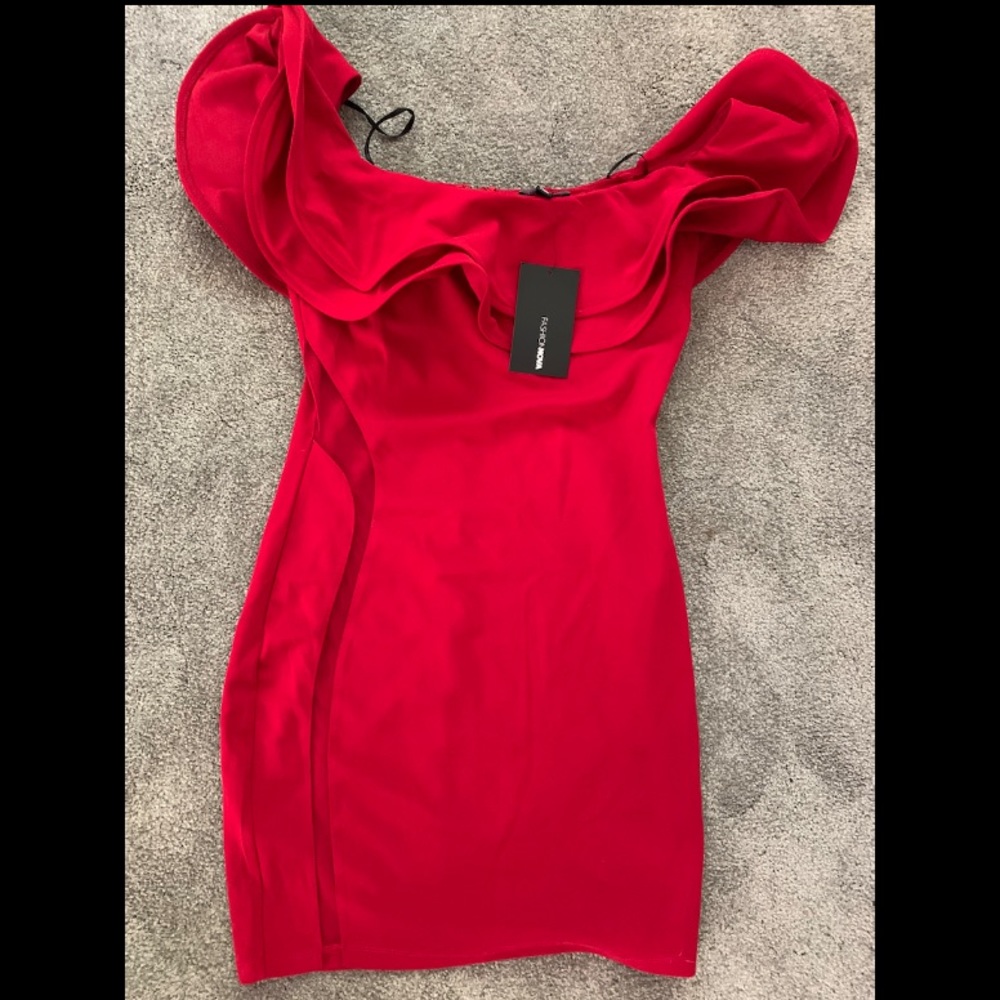 Off Shoulder Ruffle Mini Dress- Red